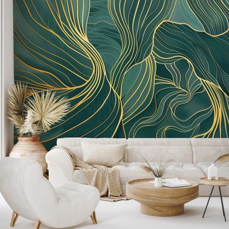TAPETA ZLATNE LINIJE NA SMARAGDNOJ TEKSTURI - APSTRAKTNE TAPETE - TAPETE
