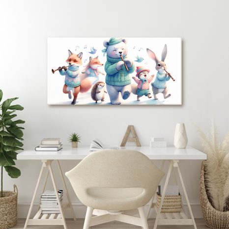 WANDBILD SÜSSE TIERE MIT FLÖTEN IM WINTER - KINDERBILDER TIERE - BILDER