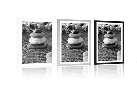 POSTER WITH MOUNT PYRAMID OF ZEN STONES IN BLACK AND WHITE - BLACK AND WHITE - POSTERS