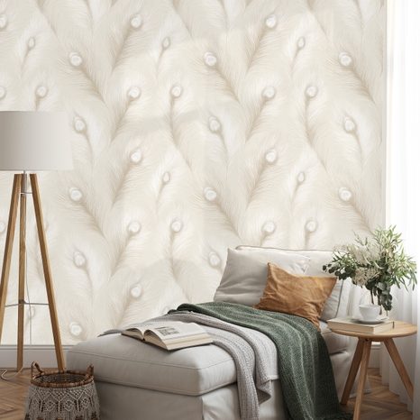 TAPETA BÉŽOVÉ PÁVOVÉ PEŘÍ V GLAMOUR STYLU - VZOROVANÉ TAPETY - TAPETY
