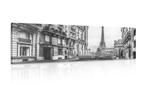 CANVAS PRINT VIEW OF THE EIFFEL TOWER FROM A STREET IN PARIS IN BLACK AND WHITE - BLACK AND WHITE PICTURES - PICTURES