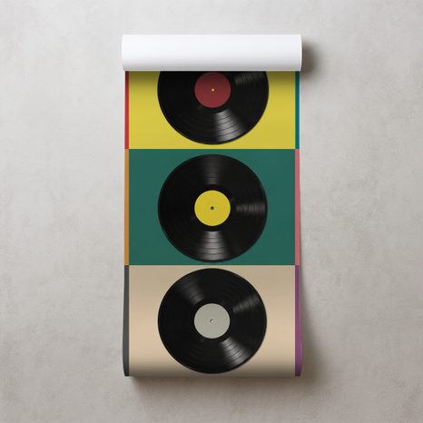 FOTOTAPETE RETRO-VINYLPLATTEN AUF BUNTEM HINTERGRUND - MUSIK FOTOTAPETEN - TAPETEN