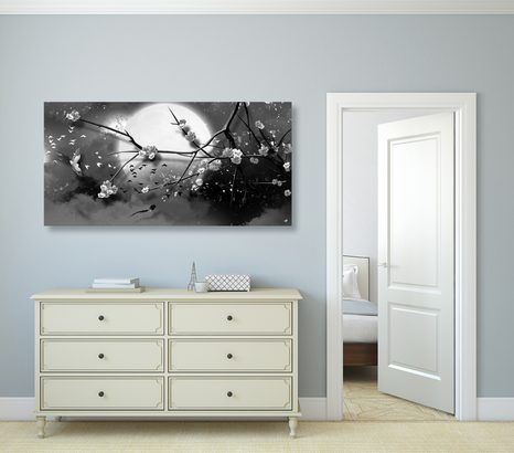 OBRAZ VĚTVE STROMU ZA ÚPLŇKU V ČERNOBÍLÉM PROVEDENÍ - ČERNOBÍLÉ OBRAZY - OBRAZY