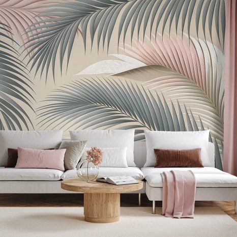TAPETA PASTELOVÉ PALMOVÉ LISTY NA BÉŽOVÉ - TAPETY LISTY - TAPETY