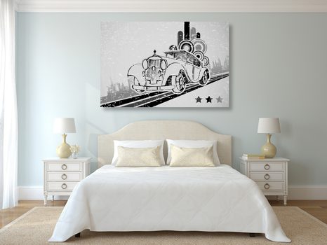 WANDBILD SCHWARZ-WEISSES AUTO MIT VINTAGE-HINTERGRUND - SCHWARZ-WEISSE BILDER - BILDER