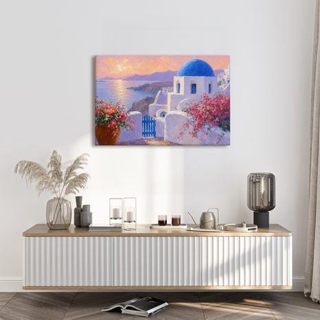 TABLEAU SUR TOILE – CÔTE DE SANTORIN AU COUCHER DU SOLEIL - TABLEAUX DE LA MER ET DE LA PLAGE - TABLEAUX