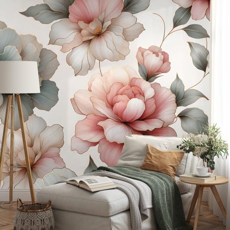 FOTOTAPETE ELEGANTE PASTELLFARBENE BLUMEN MIT BLÄTTERN - TAPETEN MIT BLUMENMOTIVEN - TAPETEN