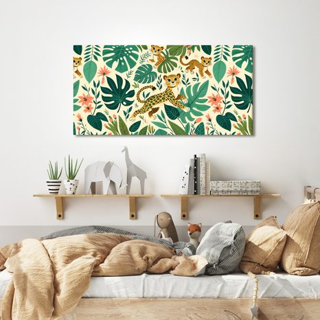 WANDBILD VERSPIELTE GEPARDEN UND BLÄTTER - KINDERBILDER TIERE - BILDER