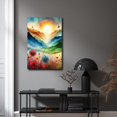 OBRAZ ROZPRÁVKOVÁ KRAJINA S KVETMI A SLNKOM - OBRAZY POLIA A LÚKY - OBRAZY