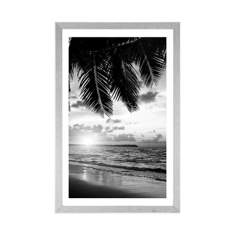 POSTER WITH MOUNT SUNRISE ON A CARIBBEAN BEACH IN BLACK AND WHITE - BLACK AND WHITE - POSTERS