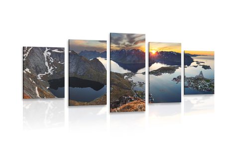 QUADRO IN 5 PARTI INCANTEVOLE PAESAGGIO DI MONTAGNA CON TRAMONTO - QUADRI DI NATURA E PAESAGGIO - QUADRI