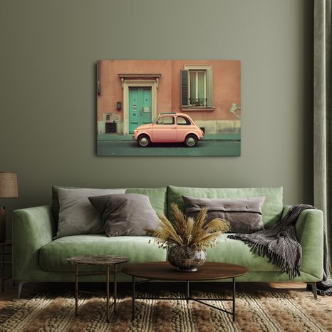 OBRAZ RŮŽOVÝ RETRO VŮZ V MĚSTĚ - OBRAZY AUT - OBRAZY