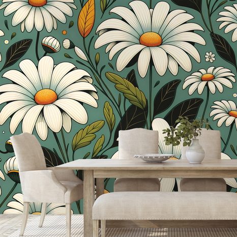 TAPETE RETRO-MARGERITEN MIT BLÄTTERN - TAPETEN MIT BLUMENMOTIVEN - TAPETEN