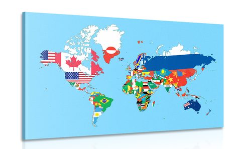 CANVAS PRINT WORLD MAP WITH FLAGS - PICTURES OF MAPS - PICTURES