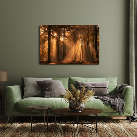 TABLEAU SUR TOILE – RAYONS DORÉS DANS LA FORÊT - TABLEAUX FORÊT - TABLEAUX