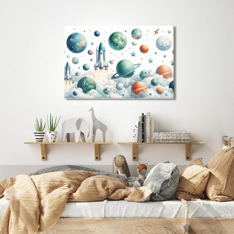 WANDBILD RAKETE ZWISCHEN PLANETEN - KINDERBILDER WELTRAUM - BILDER