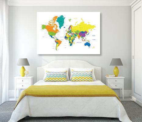 WANDBILD BUNTE WELTKARTE AUF WEISSEM HINTERGRUND - WELTKARTEN ALS BILDER - BILDER