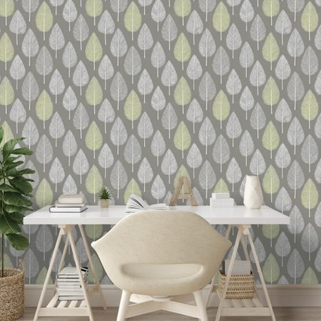 SAMOLEPÍCÍ TAPETA ŠEDÉ A ZELENÉ LISTY NA ŠEDÉM POZADÍ - VZOROVANÉ TAPETY - TAPETY