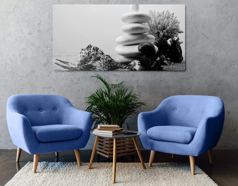 TABLEAU SUR TOILE – PIERRES ZEN AVEC COQUILLAGES EN NOIR ET BLANC - TABLEAUX EN NOIR ET BLANC - TABLEAUX