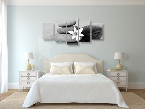 5-DÍLNÝ OBRAZ KVĚT A KAMENY V PÍSKU V ČERNOBÍLÉM PROVEDENÍ - ČERNOBÍLÉ OBRAZY - OBRAZY