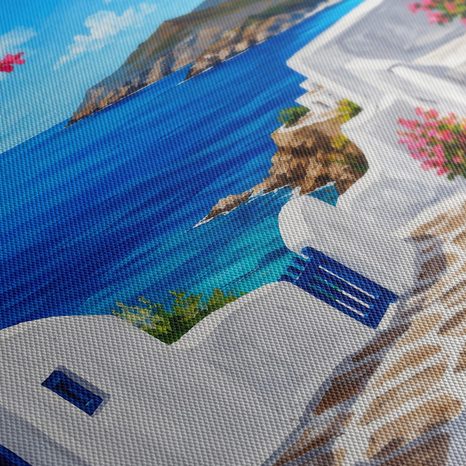 TABLEAU SUR TOILE – RUELLE EN BORD DE MER AUX FLEURS ROSES - TABLEAUX DE LA MER ET DE LA PLAGE - TABLEAUX