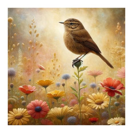 WANDBILD VÖGELCHEN AUF BLÜHENDER WIESE - BILDER TIERE - BILDER