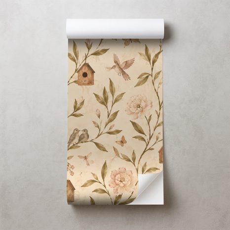 ZELFKLEVEND FOTOBEHANG VINTAGE BLOEMEN MET VOGELTJES EN VOGELHUISJES - FOTOBEHANG VOGELS - FOTOBEHANG