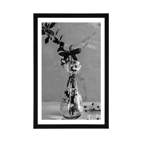 PLAKAT S PASPARTUOM GRANČICA TREŠNJE U VAZI U CRNO-BIJELOM DIZAJNU - CRNO-BIJELE - PLAKATI