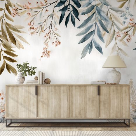 PAPIER PEINT PANORAMIQUE ADHÉSIF – FEUILLES ET FLEURS PASTEL - PAPIERS PEINTS FLEURS - PAPIERS PEINTS PANORAMIQUES