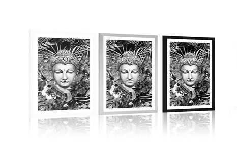 POSTER WITH MOUNT BUDDHA ON AN EXOTIC BACKGROUND IN BLACK AND WHITE - BLACK AND WHITE - POSTERS