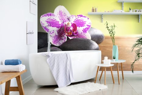 ÖNTAPADÓ FOTÓTAPÉTA ORCHIDEA ÉS FEKETE KÖVEK - ÖNTAPADÓ TAPÉTÁK - TAPÉTÁK