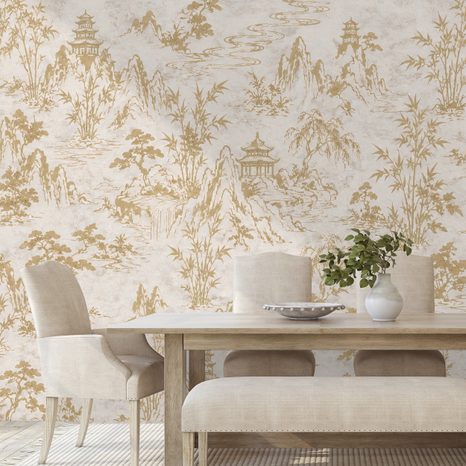 TAPETA BÉŽOVO ZLATÁ ORIENTÁLNÍ KRAJINA S PAGODAMI - TAPETY FENG SHUI - TAPETY
