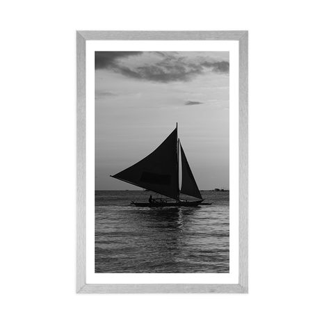 POSTER WITH MOUNT BEAUTIFUL SUNSET AT SEA IN BLACK AND WHITE - BLACK AND WHITE - POSTERS