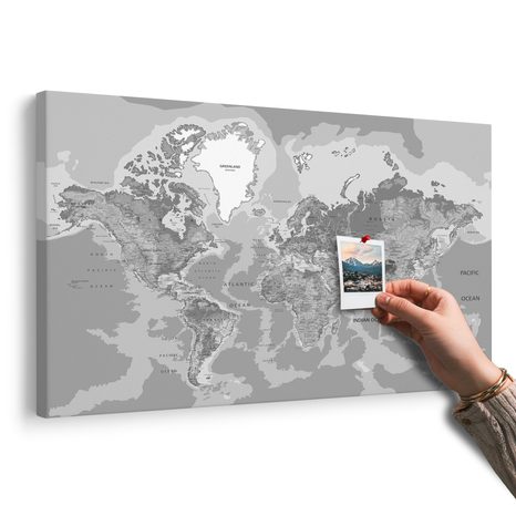 WANDBILD AUF KORK KLASSISCHE WELTKARTE IN SCHWARZ-WEISS - WANDBILDER AUF KORK - BILDER