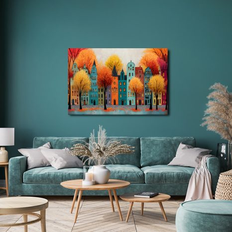 WANDBILD HERBSTLICHE STADT MIT BUNTEN HÄUSERN - BUNTE HÄUSER - BILDER