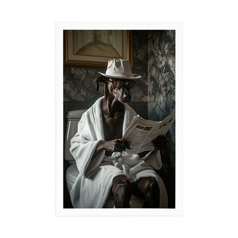 POSTER HUND MIT EINER ZEITUNG AUF DEM KLO - HUNDE - POSTER