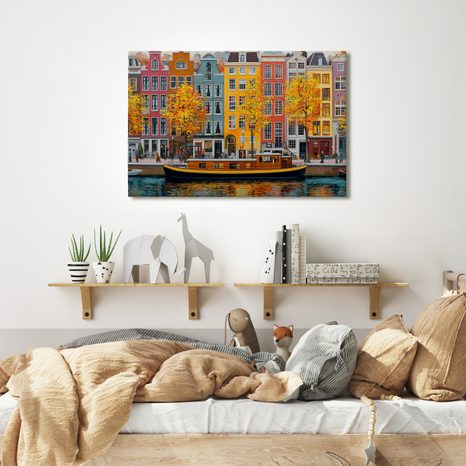 OBRAZ PODZIMNÍ KANÁLY AMSTERDAMU - BAREVNÉ DOMY - OBRAZY