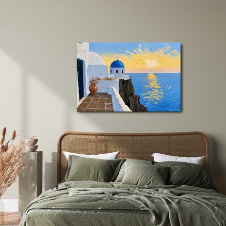 TABLEAU SUR TOILE – ÉGLISE GRECQUE AU-DESSUS DE LA MER - TABLEAUX LEVER ET COUCHER DE SOLEIL - TABLEAUX