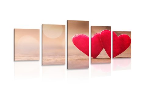 5-PIECE CANVAS PRINT RED HEARTS ON A WOODEN TEXTURE - PICTURES LOVE - PICTURES