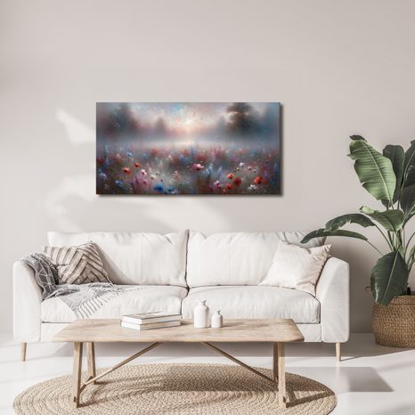 WANDBILD MORGENDLICHER NEBEL ÜBER BLUMEN - WANDBILDER FELDER UND WIESEN - BILDER