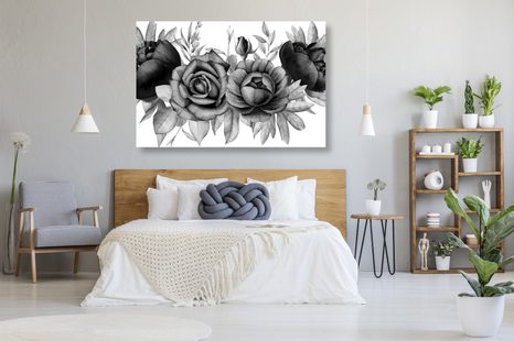 WANDBILD BEZAUBERNDE KOMBINATION VON BLUMEN UND BLÄTTERN IN SCHWARZ-WEISS - SCHWARZ-WEISSE BILDER - BILDER