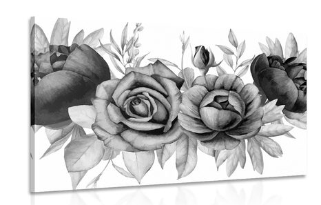 CANVAS PRINT CHARMING COMBINATION OF FLOWERS AND LEAVES IN BLACK AND WHITE - BLACK AND WHITE PICTURES - PICTURES