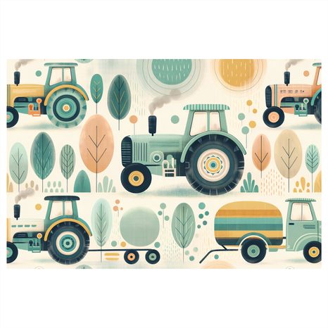 WANDBILD TRAKTOREN IN SPIELERISCHER LANDSCHAFT - KINDERBILDER VERKEHRSMITTEL - BILDER