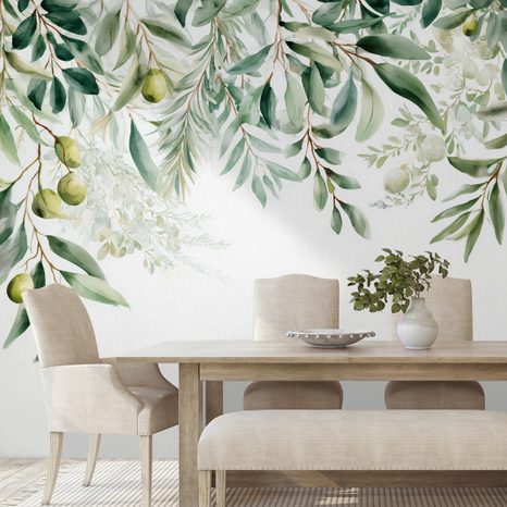PAPIER PEINT PANORAMIQUE ADHÉSIF – BRANCHES D'OLIVIER VERTES SUR FOND BLANC - PAPIER PEINT FEUILLES - PAPIERS PEINTS PANORAMIQUES