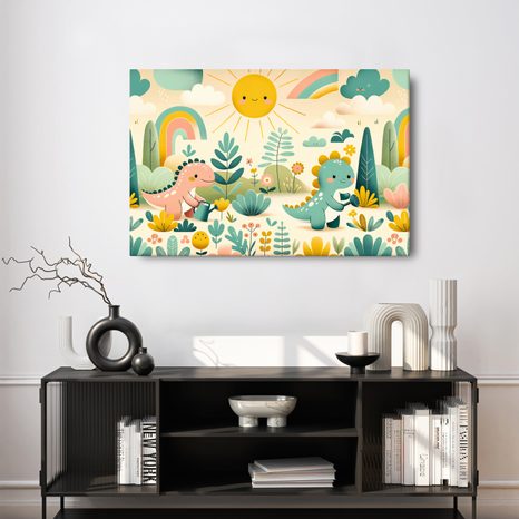 WANDBILD SPIELETAG DER KLEINEN DINOS IN DER NATUR - KINDERBILDER TIERE - BILDER