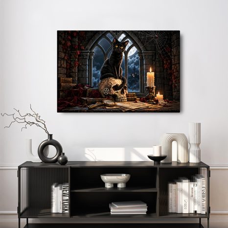 WANDBILD SCHWARZE KATZE AUF EINEM SCHÄDEL - HALLOWEEN- UND HORROR-BILDER - BILDER