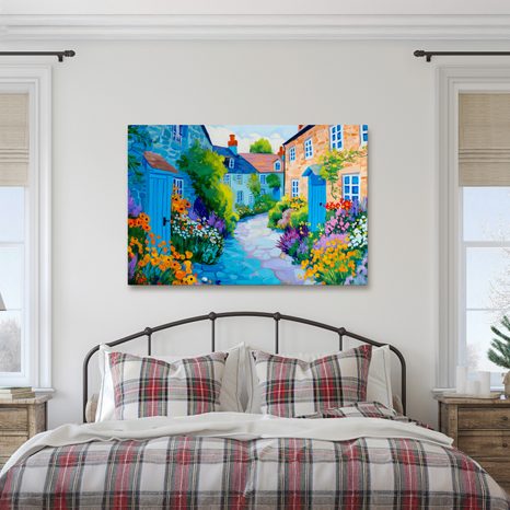 OBRAZ LETNÍ ULIČKA PLNÁ KVĚTIN - BAREVNÉ DOMY - OBRAZY