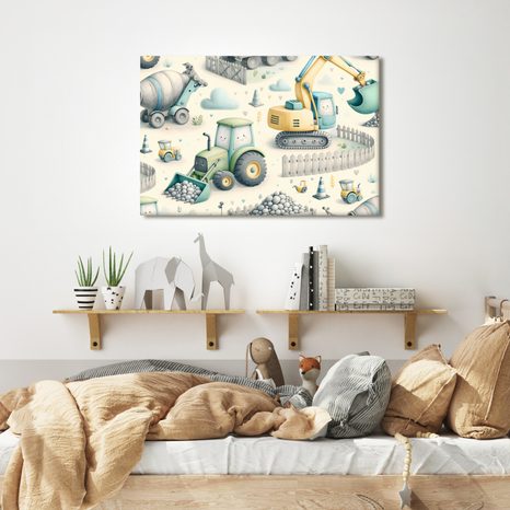 WANDBILD FRÖHLICHE BAUSTELLENFAHRZEUGE - KINDERBILDER VERKEHRSMITTEL - BILDER