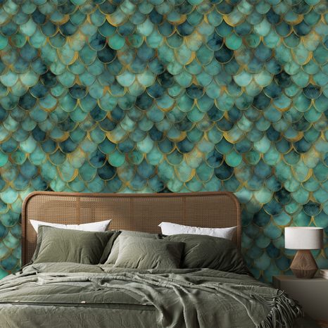 TAPETA ZELENÉ MORSKÉ ŠUPINY SO ZLATÝM NÁDYCHOM - VZOROVANÉ TAPETY - TAPETY