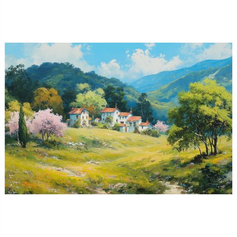 WANDBILD FRÜHLINGSLANDSCHAFT MIT DORF - BUNTE HÄUSER - BILDER